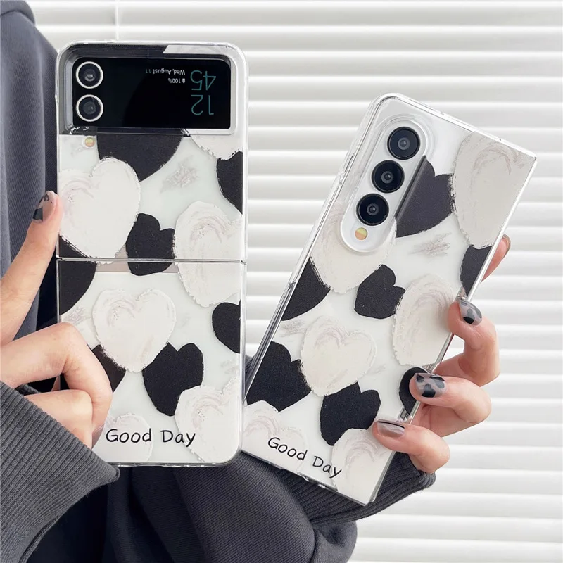 

Black White Love Heart Laser Phone Case for Samsung Galaxy Z Fold 2 3 4 Hard Cover for Galaxy ZFlip3 Zflip4 Solid Shell Bracket