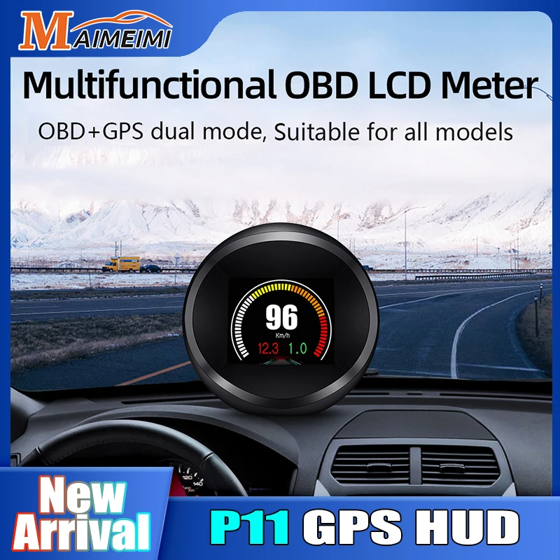 OBD P11 OBD2 HUD с GPS превышение скорости будильник скорость об/мин температура воды Напряжение часы ЖК-дисплей