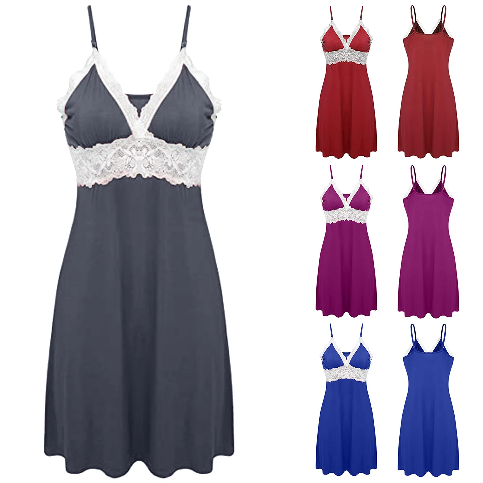 

Women's sexy Nightgown Nightdress Lace satin deep V-neck sleeveless nightgown mini dress summer nightgown pajamas пижама женская