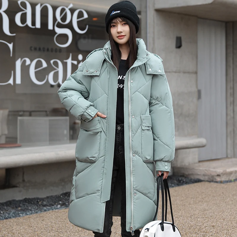 

Women's Solid Color Big Pocket Hooded Jackets Casual Medium Long Parka Autumn Winter Rhombic Lattice Loose Coat