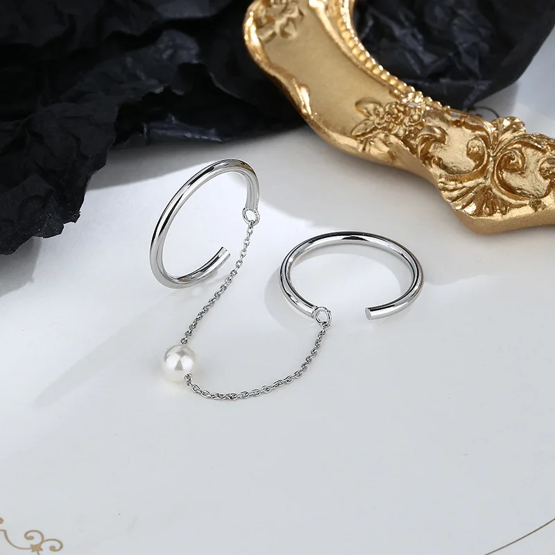 

Modern Jewelry Two PC Finger Rings 2022 New Trend Hot Sale Round Metal Open Chain Pearl Women Rings For Party Gifts Dropshipping