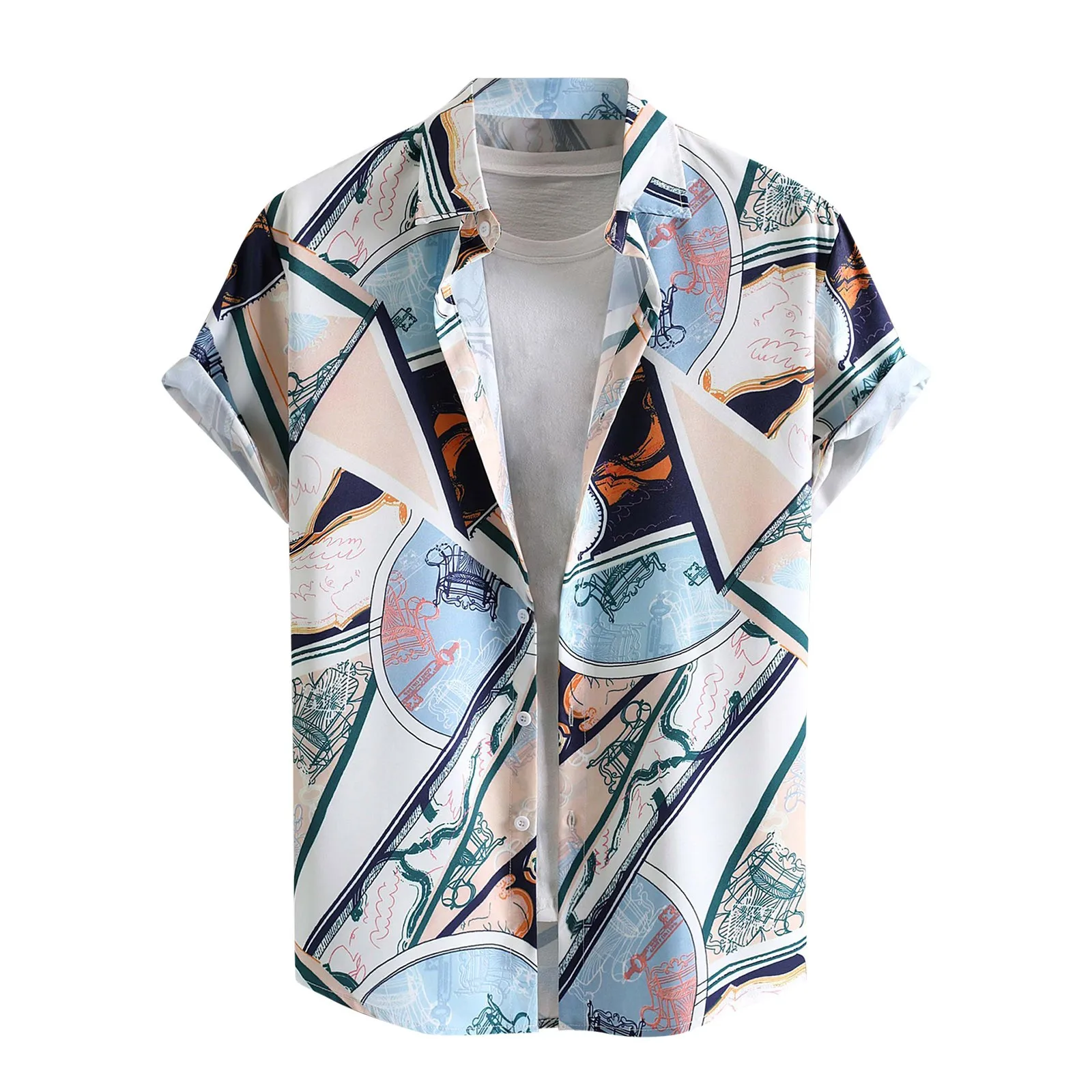 

Men Spring And Summer Casual Lapel Single Breasted Print Beach Vacation Short Sleeve Outdoor Vintage Elegant Turn Down Collar