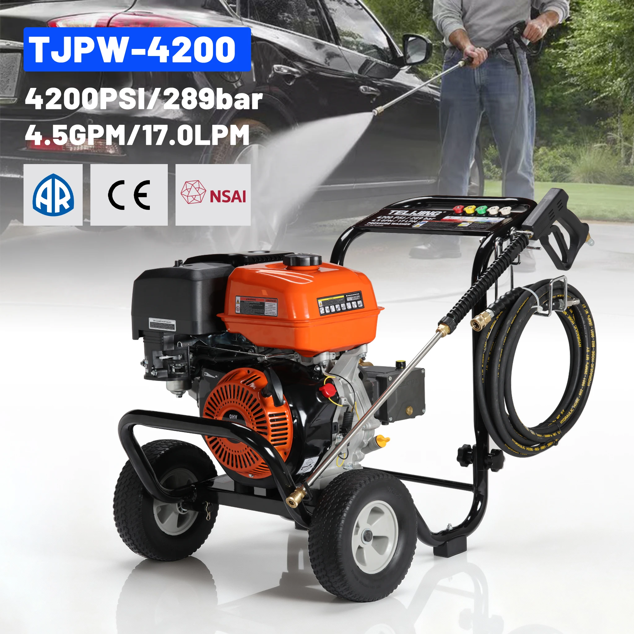 Фото Мощная мойка высокого давления AR Pump 4200PSI с двигателем TJ190F, 15-метровым шлангом, на колесах, беспроводная, для очистки складских погрузочных доков №2