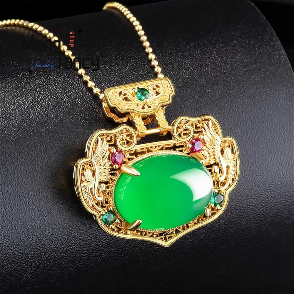 Подлинный натуральный зеленый агат халцедон Ruyi замок Медный позолоченный кулон