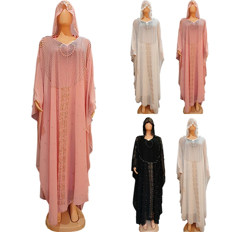 Модное Новое мусульманское платье-кафтан, абайя, женское турецкое шифоновое платье с бисером и капюшоном в африканском стиле