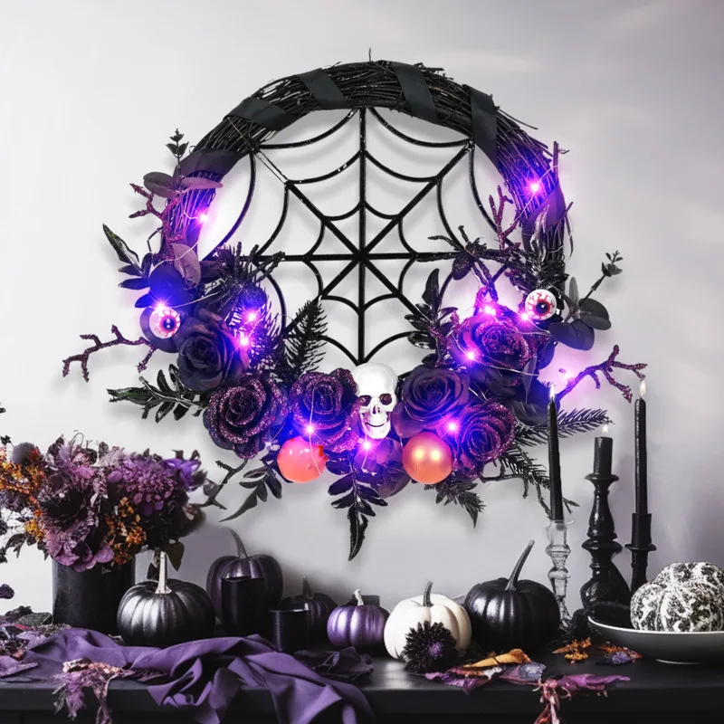 

Halloween Party Wreath Wall Hanging Decor LED Light Simulation Branch Rose Flower Scary Eyeball Spider Skull Skeleton Garland