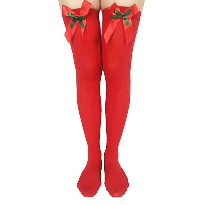 

Women Christmas Red Green Thigh High Stockings Cute Satin Bow Over Knee Socks