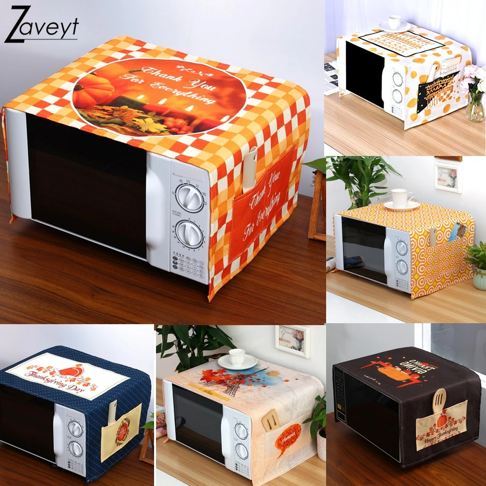 

ThanksGiving Day Geometric Plaid Linen Dust Covers For Microwave oven Autumn Harvest Maple Pumpkin Print Dust Protector Cover