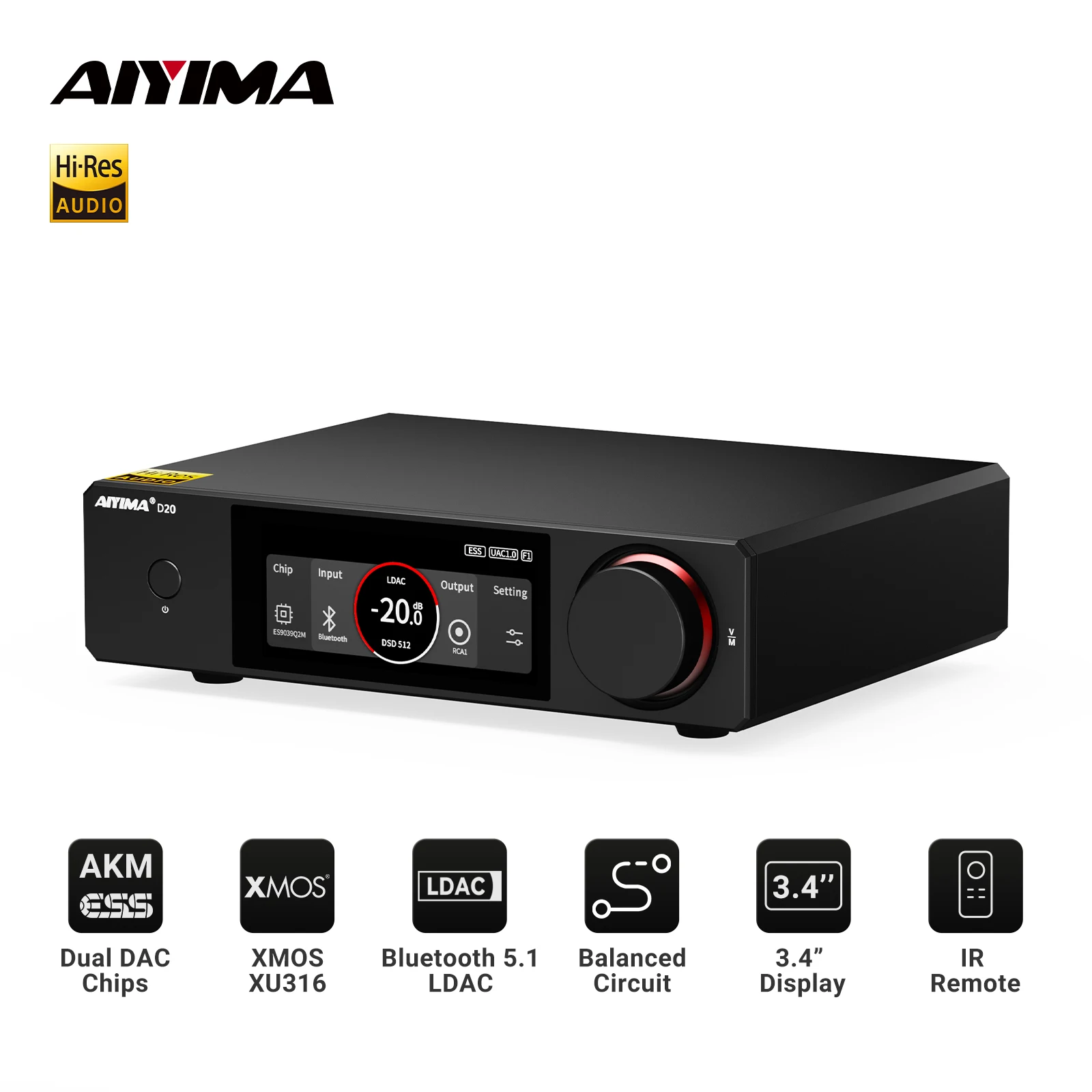 Фото AIYIMA D20 HiFi DAC-декодер AK4493SEQ ES9039Q2M XMOS XU316 USB DSD512 Bluetooth 5.1 LDAC RCA XLR Аудиоконвертер с VU-метром №1