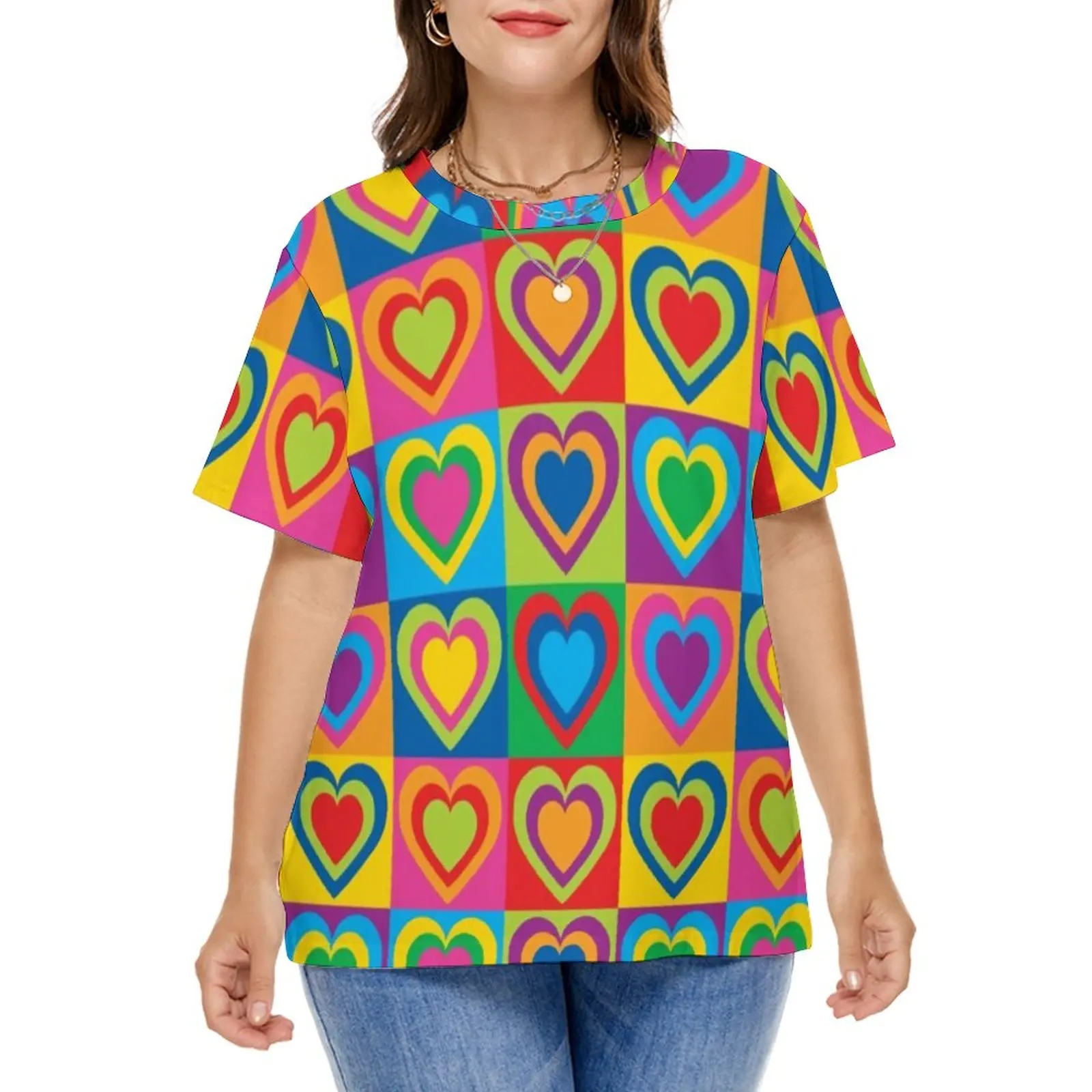 

Pop Art Hearts T-Shirt Colorful Plaid Print Retro T-Shirts Short Sleeve Korean Fashion Tshirt Summer Pattern Tees Plus Size