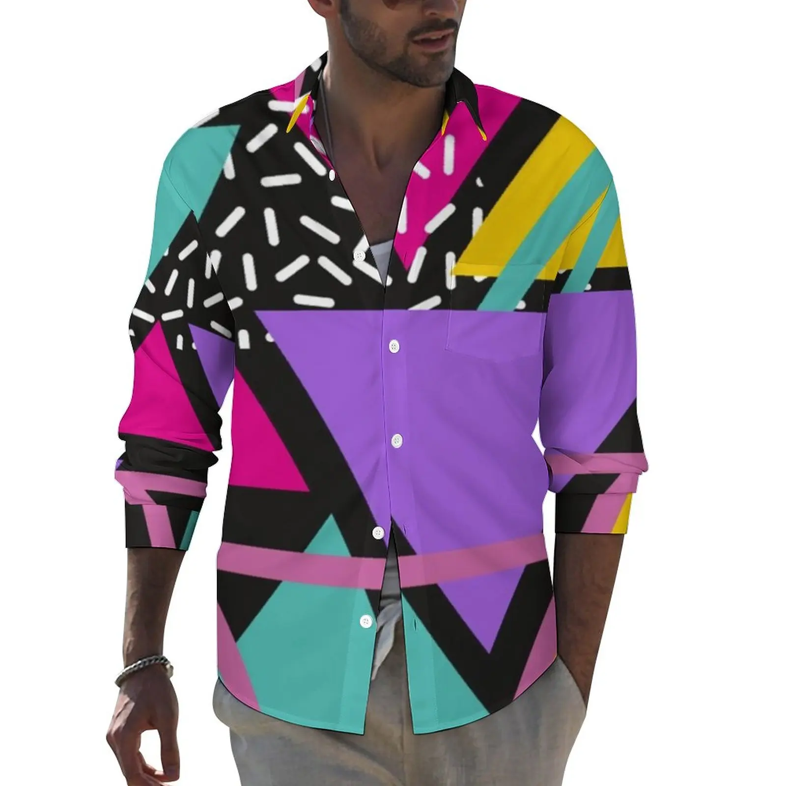 

Geo Print Shirt Men Memphis Triangles Casual Shirts Autumn Street Graphic Blouses Long Sleeve Fashion Oversized Clothing Gift