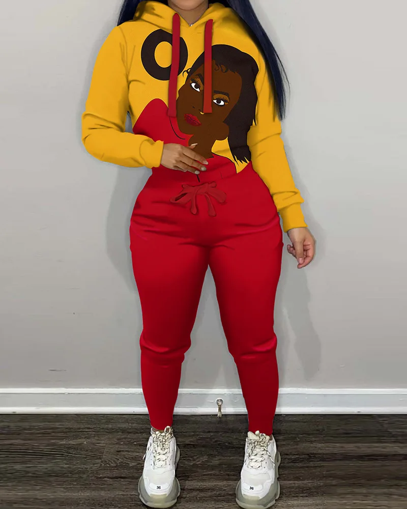 

Женский костюм из двух предметов с мультяшным принтом с длинными рукавами и капюшоном модная повседневная пикантная блузка с высокой талие...