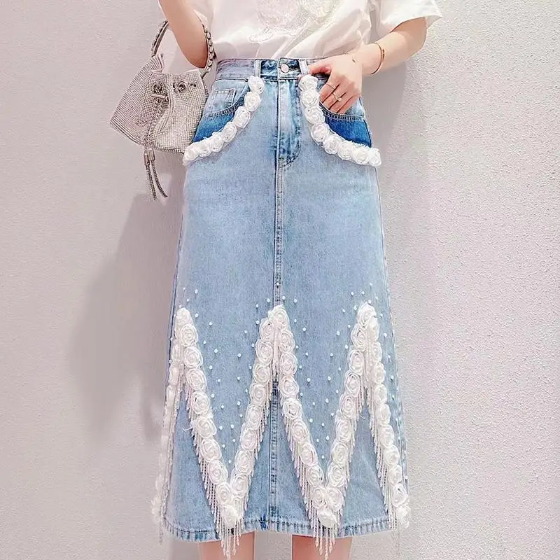 

Женское джинсовое платье Goth в стиле Харадзюку, демисезонное платье с бахромой и жемчужинами и высокой талией, корейская мода, одноуровневая юбка