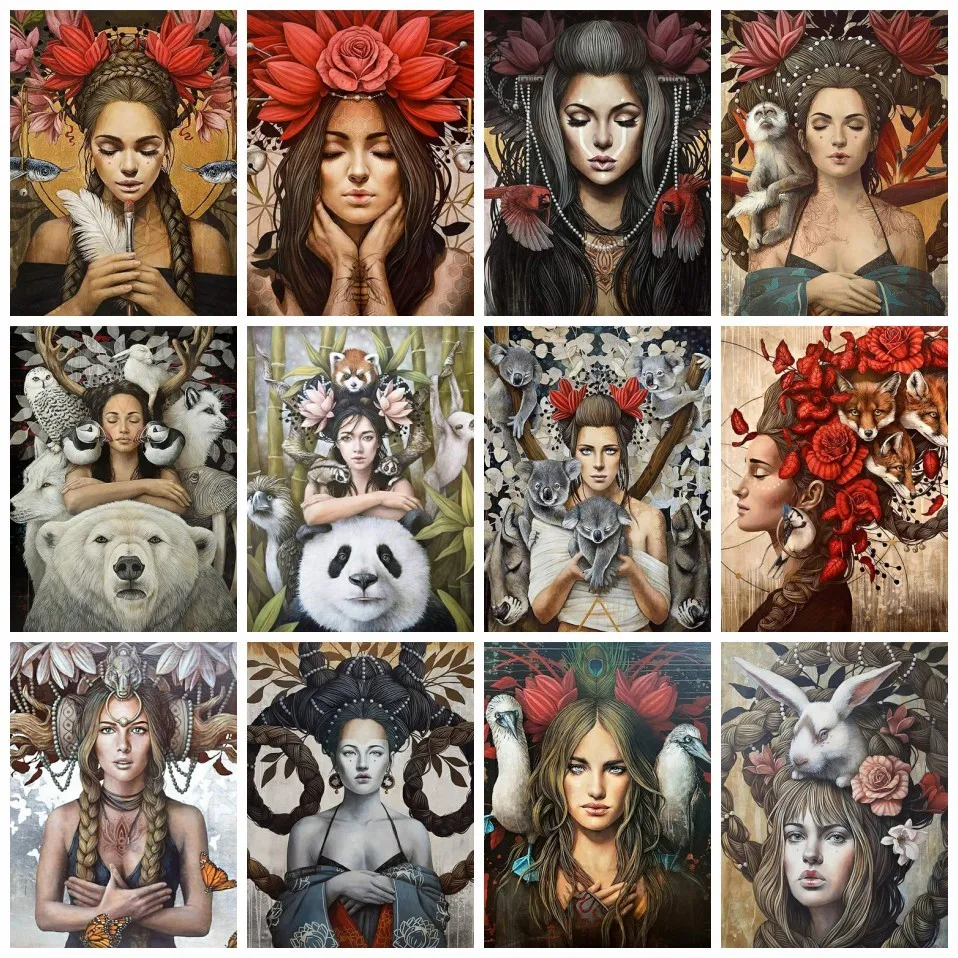 

AZQSD Woman Animal Oil Painting Drawing On Canvas Kits Coloring By Numbers Handpainted Home Decor Picture Framed 60x75cm