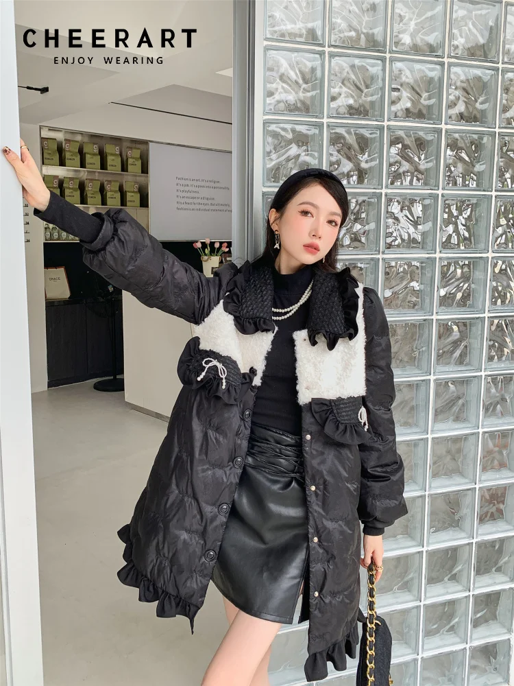 

CHEERART Winter Long Puffer Quilted Jacket Women Designer Parkas High Fashion Patchwork Sherpa Black Coats Luxury Clothes