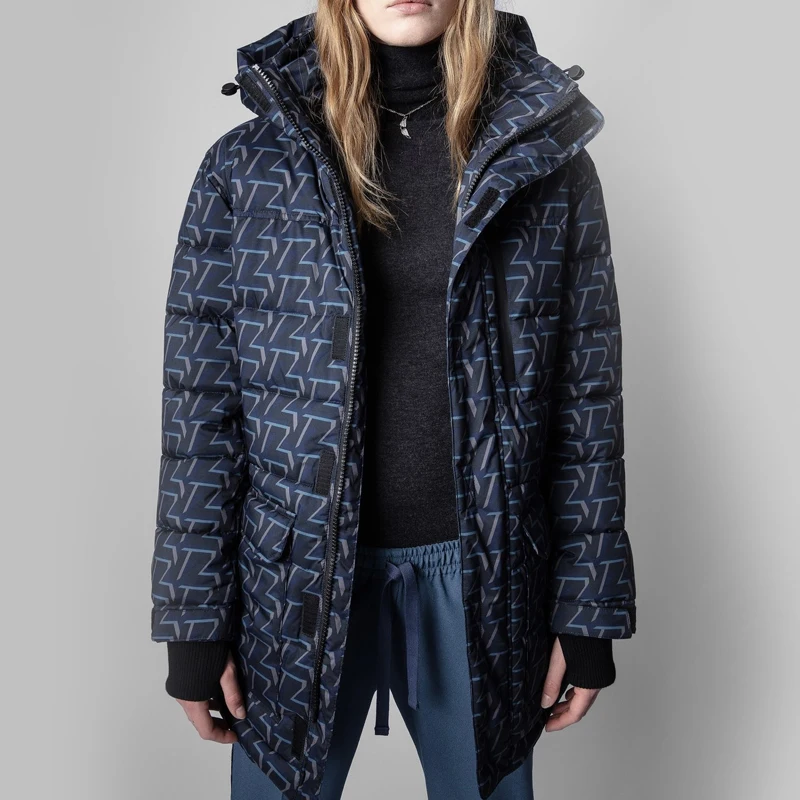 

zv casual blue letter down jacket hooded long thick warm down jacket