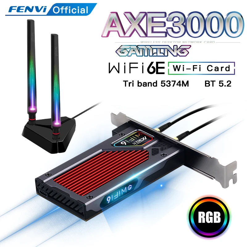 Fenvi FV-AXE3000 Wi-Fi 6E AX210 Bluetooth 5.2 Wireless 5374Mbps 2.4G/5GHz/6G WiFi 802.11AX/AC PCIExpress Network Card Adapter PC