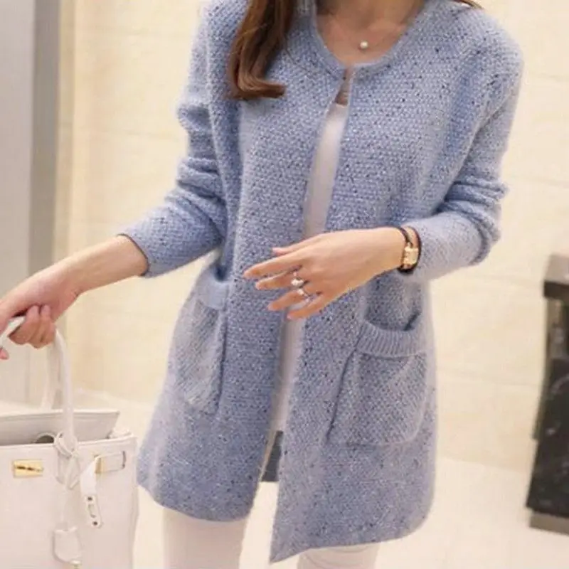 2022 Korean women's mohair pocket medium long thick knitted sweater cardigan women  cardigan women  Polyester