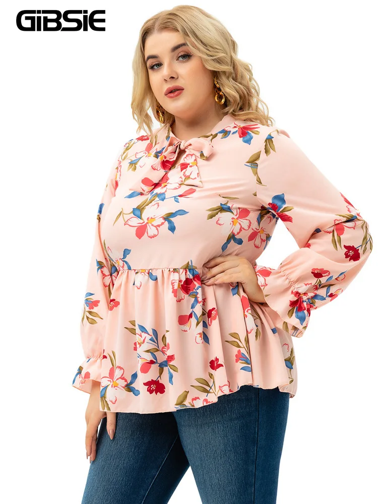 GIBSIE-Blusa informal con estampado Floral para mujer, camisa de manga larga con cuello de lazo, estilo bohemio, talla grande 4xl 5xl, otoño, 2022