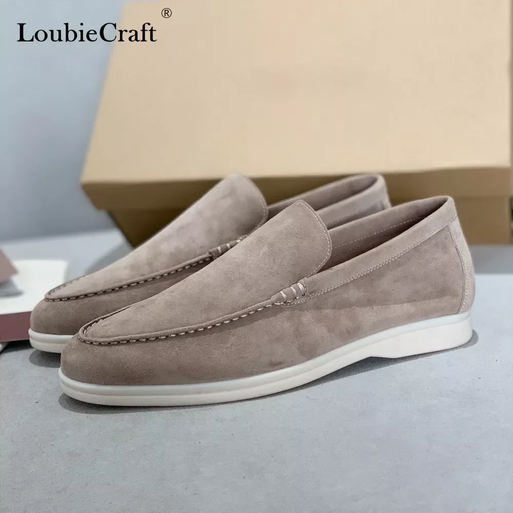 

2022New Summer Walk Shoes Khaki Suede Women Flats Round Toe Slip On Men Moccasins Casual Driving Runway Lazy Loafers Wedding Dre