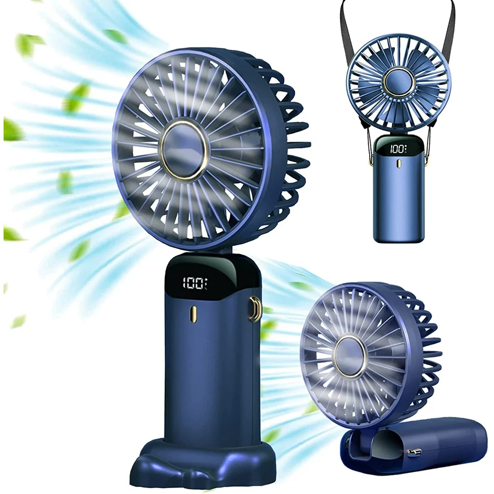 

Mini Handheld Fan, Portable Personal Fan Hanging Neck Fan 90° Adjustable USB Rechargeable Small Desk Fan Blue