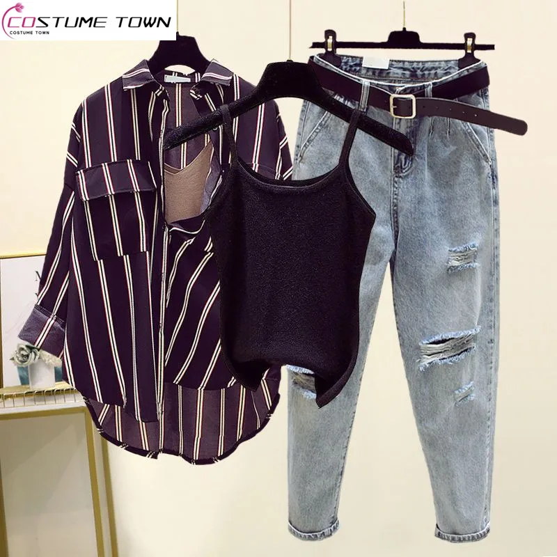 

Spring and Summer Fashion Suit Women's New Western-style Loose Striped Shirt Suspender Vest Hole Jeans Three-piece Suit