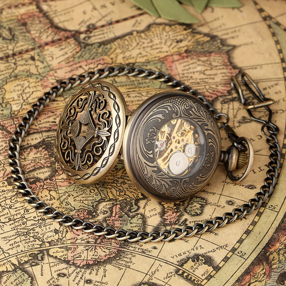 Hand Winding Mechanical Pocket Watch Arabic Numerals Dial Vintage Skeleton Chinese Knot Manual Men Clock Bronze Fob Chain