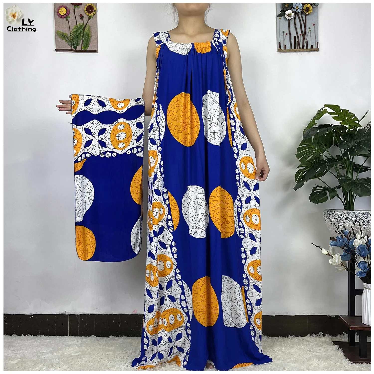 

New Fashion African Lady Robe Loose Cotton Sling Sleeveless Dress With Scarfs Under Dress Summer Muslim Kaftan Vestidos