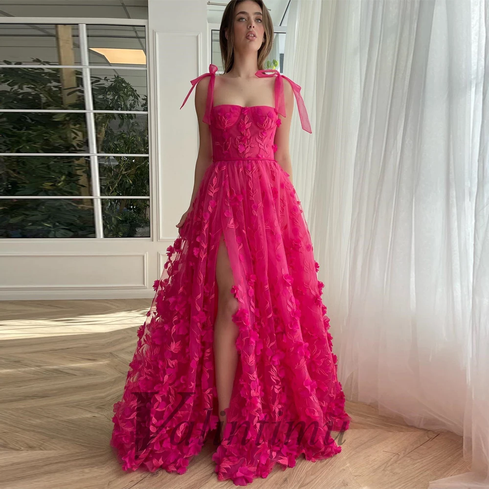 

Valintimu Trendy Square Collar Tulle Evening Party For Women Appliques Side Slit A-Line Sleeveless Custom Made Robes De Soirée