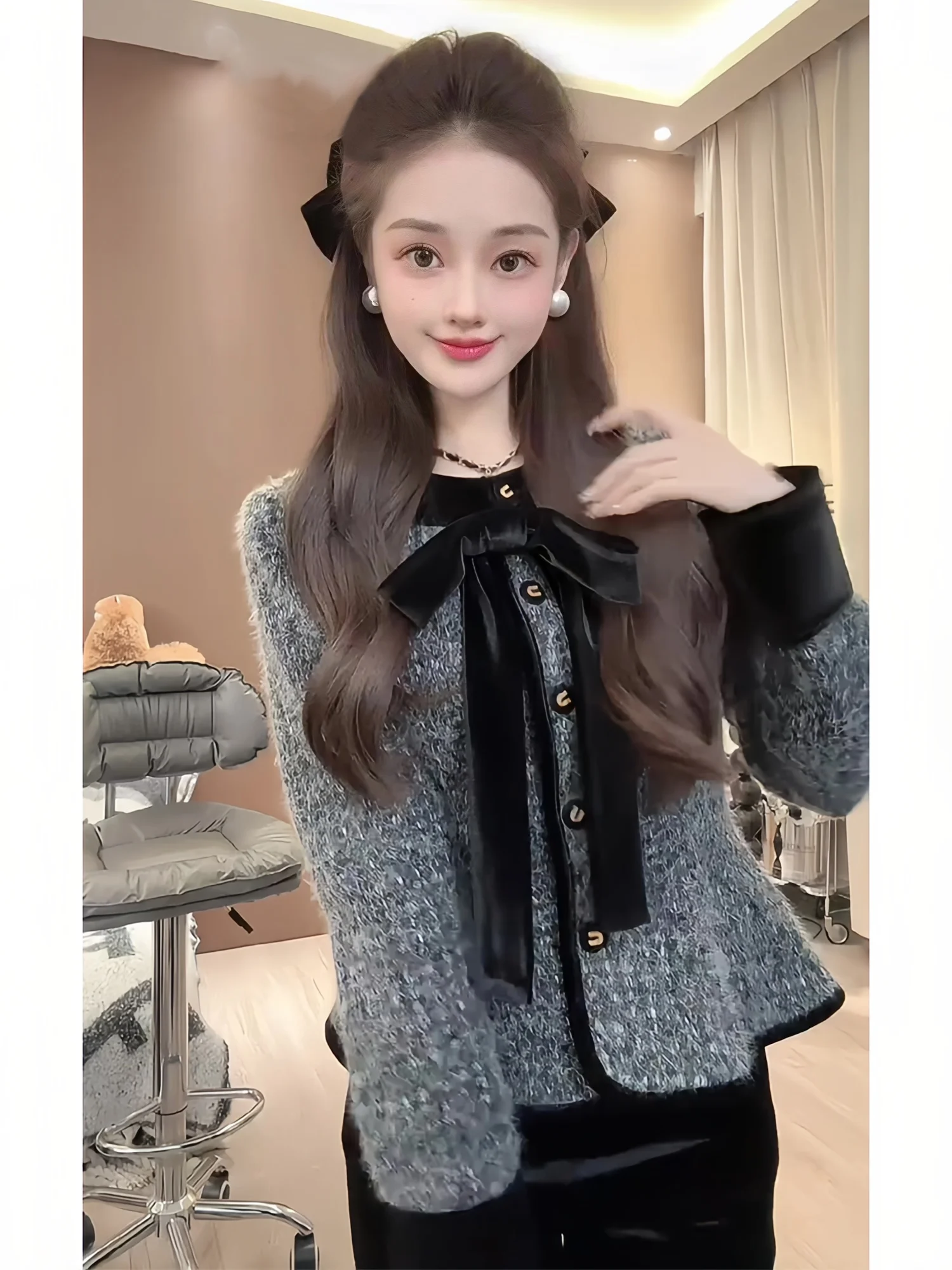 Осень-зима 2024 новый дизайн изящное короткое пальто с бантом на талии + бархатные