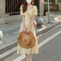 2022 summer print short sleeve korean casual dress square collar natural factors mid dress a line pleated office dress for lady