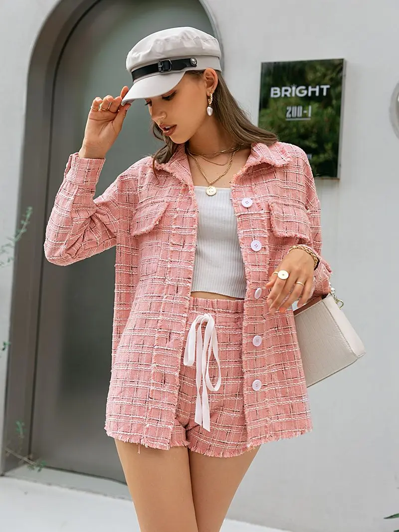

Simplee Office lady plaid long sleeve pink women shirt coat Elegant button pocket loose jacket Causal batwing sleeves coats 2022