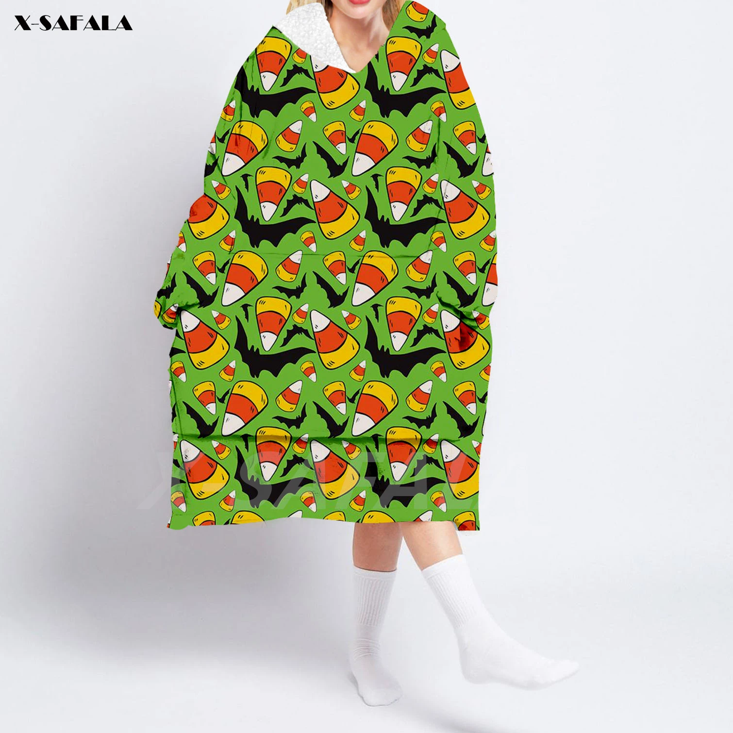 

Halloween Bat Gift 3D Wearable Blanket Hoodie Oversized Fleece Hooded Blanket Large Front Pocket Pajamas Sherpa Flannel