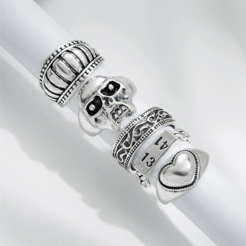 5-piece Set European and American Fashion Accessories Ins Cold Punk Style Skull Love Heart Ring 1314 Ring Jewelry Gift