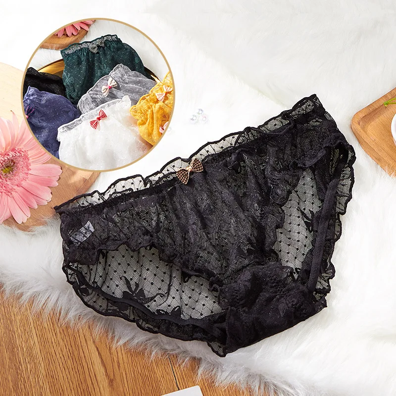 

Temptation Sexy Lingerie Women's Lace Transparent Mesh Bow Elastic Cotton Female Student Low-waist Briefs Translucent New Lace