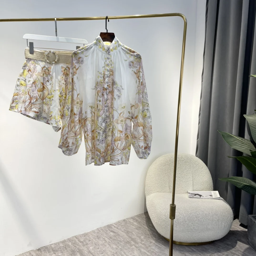 

Women Matching Vintage Sets 2022 Top Quality Summer Hemp Floral Printing Front Buttons Blouse High Waist Shorts