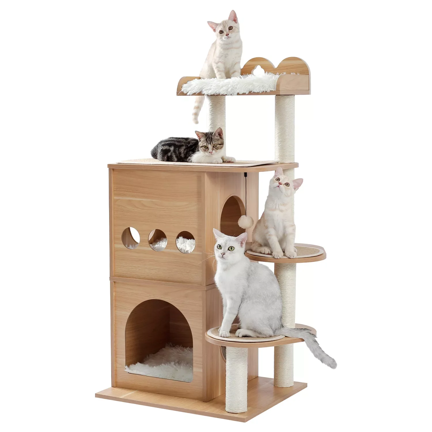 Modern Cat Tree Tower Wooden Multi-Level Cat Scratcher Luxury Nest Cat Climbing Frame Cozy Condo Deeper Version Dangling Balls