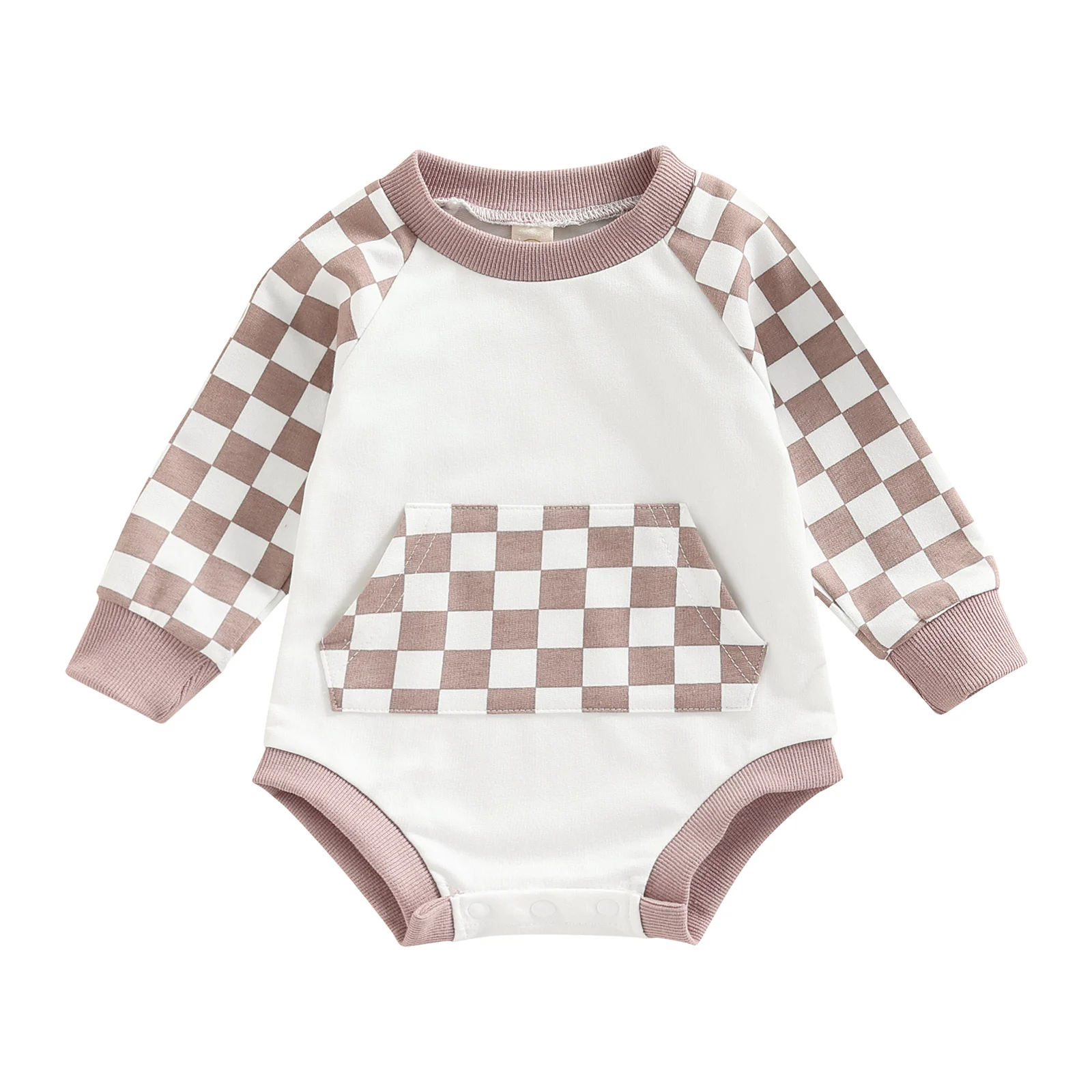 

Newborn Baby Long Sleeve Romper, Plaid Pattern Patchwork Front Pocket Playsuit, Casual Simple Style Bodysuit