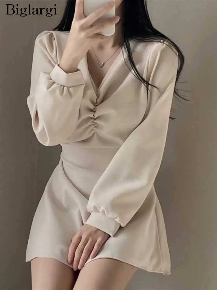 

Autumn V-Neck Mini Dress Women Pleated Modis Ruffle Korean Style Ladies Dresses Puff Long Sleeve Woman Dress 2023 Vestido Mujer