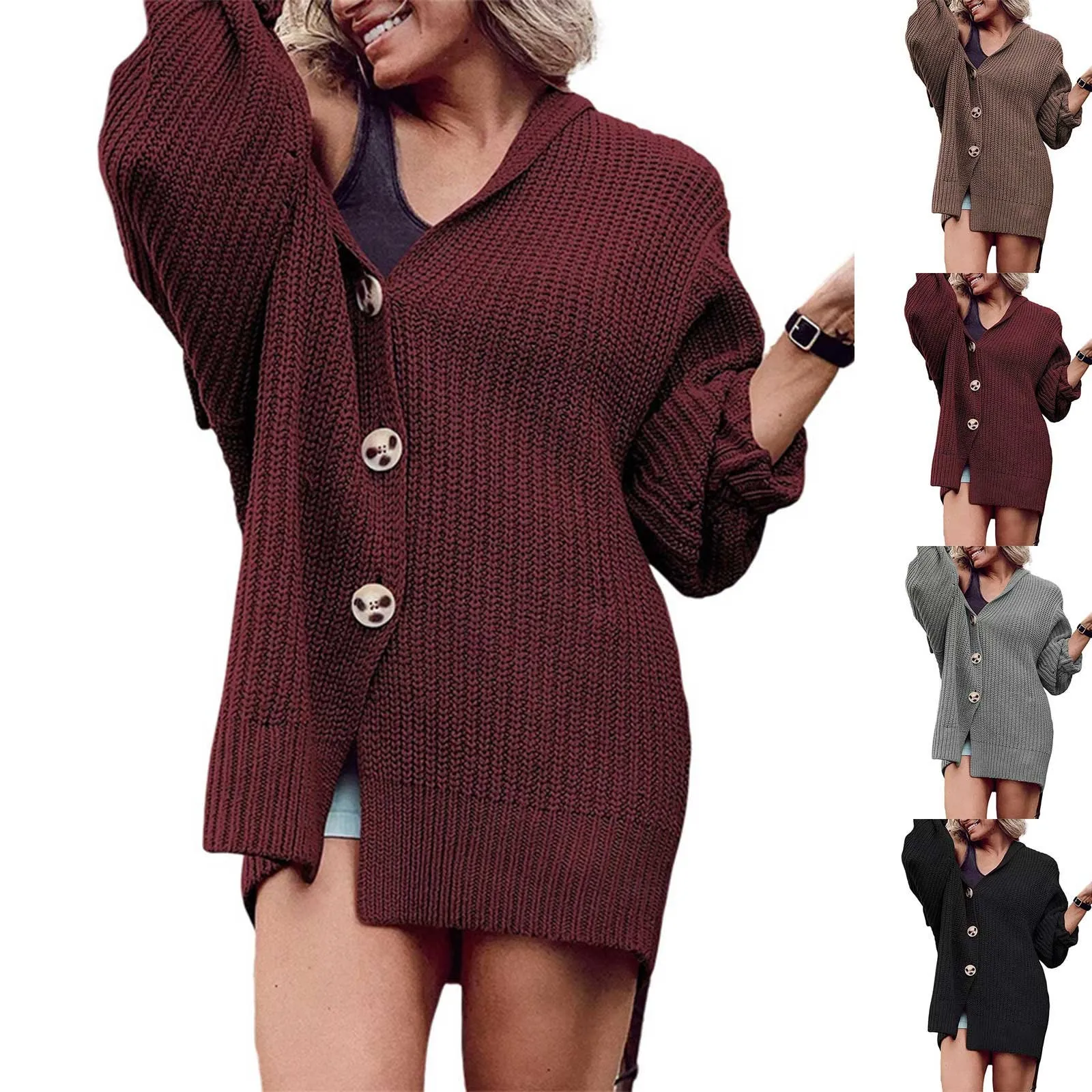 

Женский свободный вязаный кардиган оверсайз с длинным рукавом и воротником-стойкой