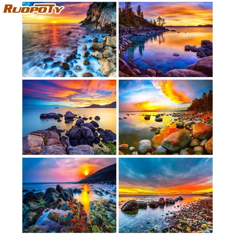 

RUOPOTY Modern Painting By Numbers Diy Handpainted Pictures By Numbers Beach sunset scenery Drawing By Number Artwork