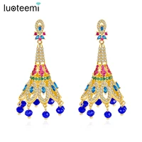 luoteemi luxurious gold color inlaid design big dangle drop earrings colorful aaa cz tassle bridal fashion jewelry brincos gift