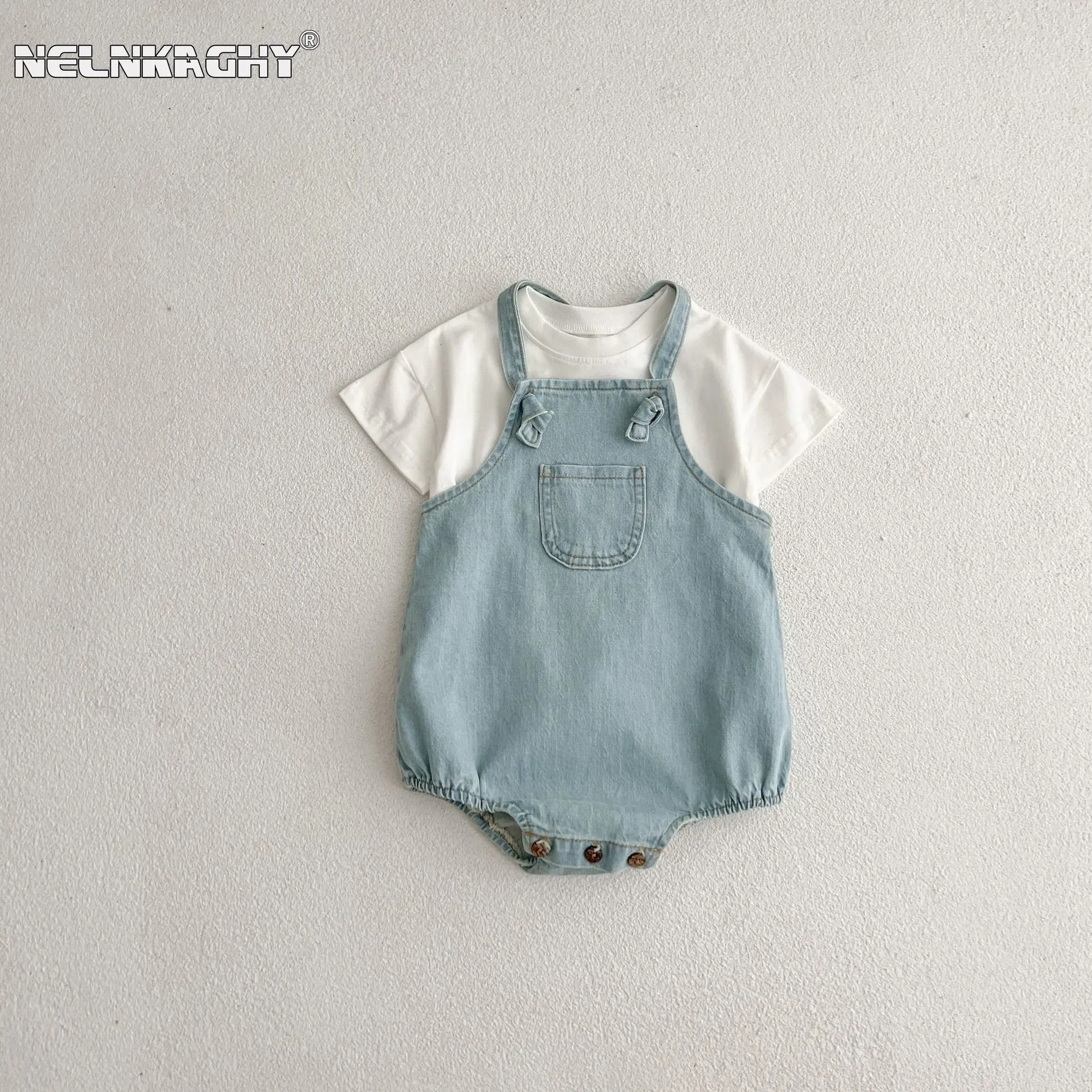 

2023 New In Summer Kids Baby Girls Boys Solid Color Top T-shirts+denim Strap Bodysuits Infant Newborn Cotton Clothing 유아복