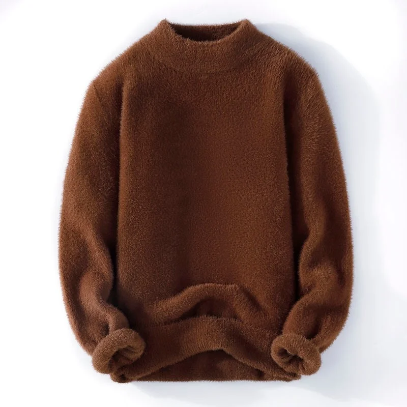 

Autumn Winter Knitted Sweater Men Half height collar Casual Mink Velvet Sweater Male Solid color Warm Mohair Sweater Man