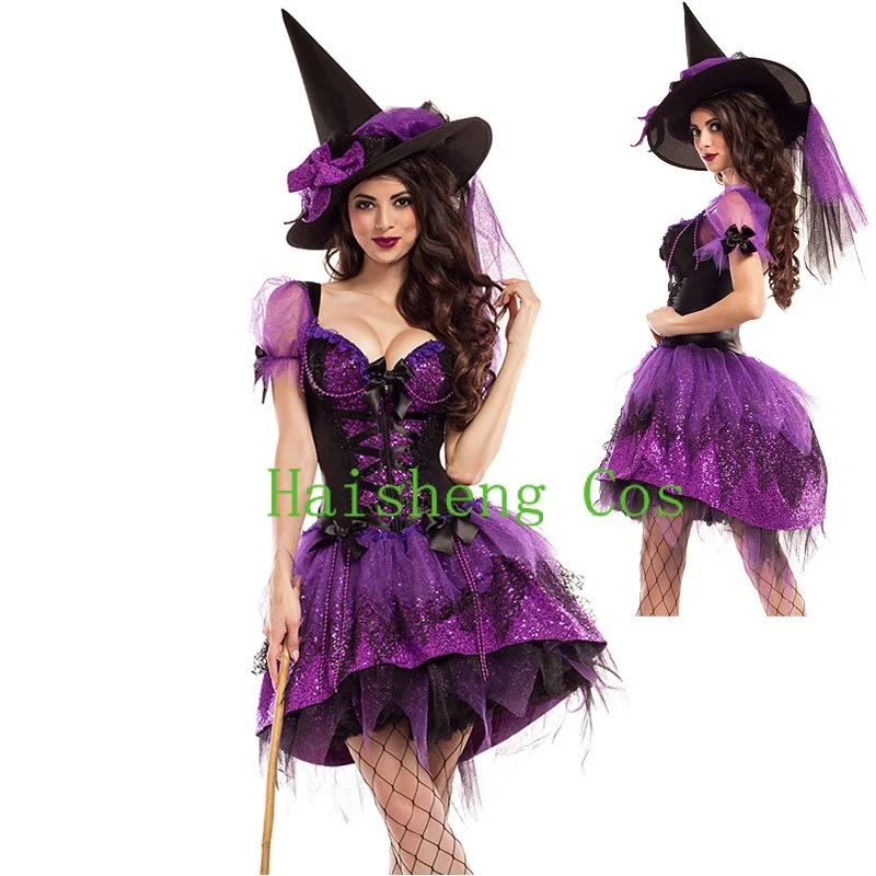 Multiple Carnival Halloween Lady Purple Elegant Witch Costume Cute Tuxedo Magic Sorceress Playsuit Cosplay Fancy Party Dress