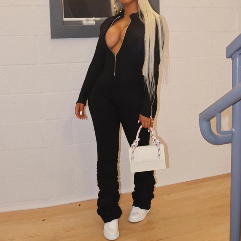 

Stacked Black Stretchy Bodycon Jumpsuits Women Turtleneck Slim Solid Streetwear Active Casual Work Out Rompers Fashion Outfits