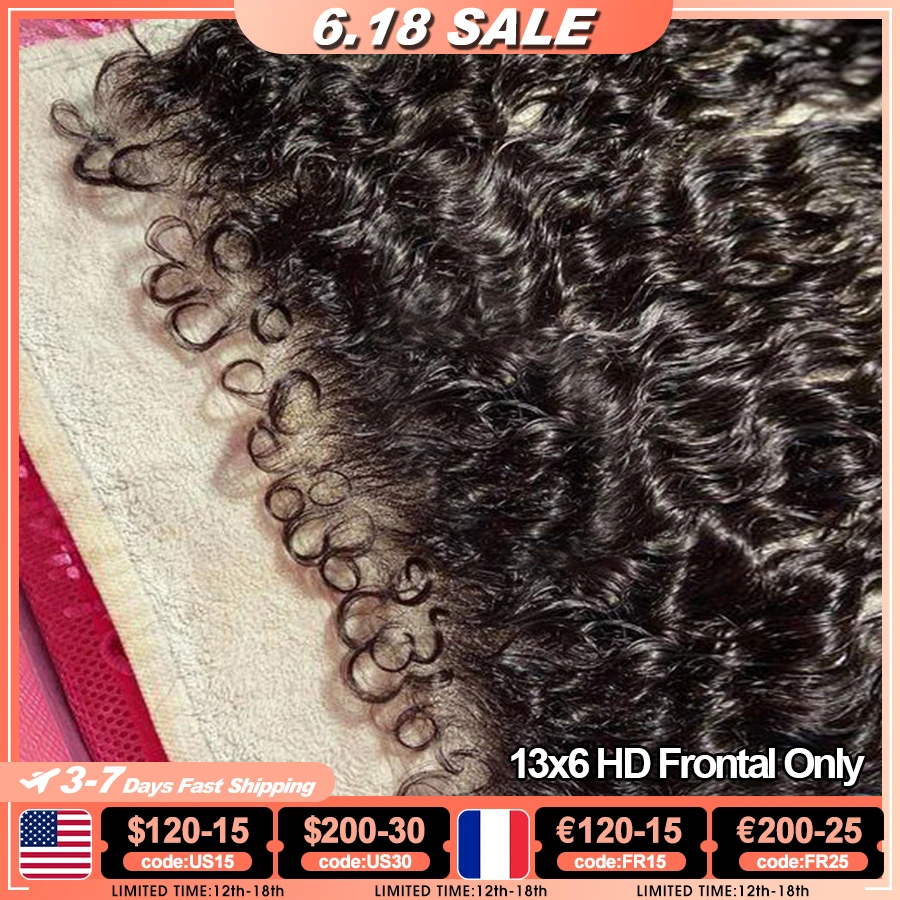 Curly Baby Hair 13x6 HD Lace Frontal Only Pre plucked Kinky Edge Hairline HD Transparent Lace Brazilian Human Hair Water Wave