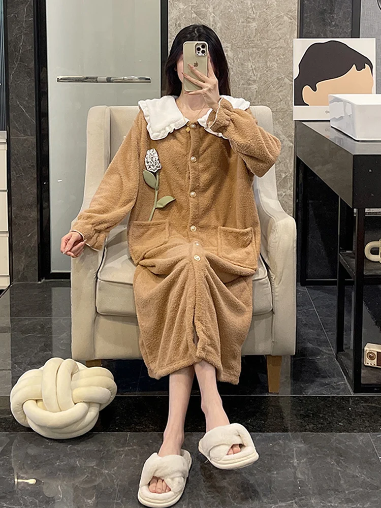 Autumn and Winter Soft Nightdress Coral Fleece Thickened Long dress Pajamas Women Half Velvet Fleece-lined Can Be Worn outsid...