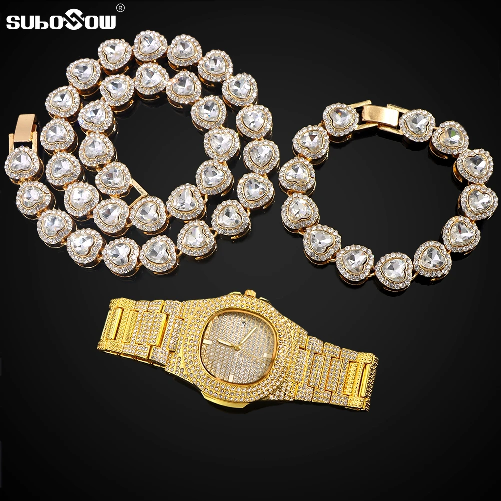 

HipHop Men Iced Out Chain Paved Rhinestones Heart Tennis Necklace+Watch+Bracelet Bling Crystal Cuban Link Chain Necklace Jewelry