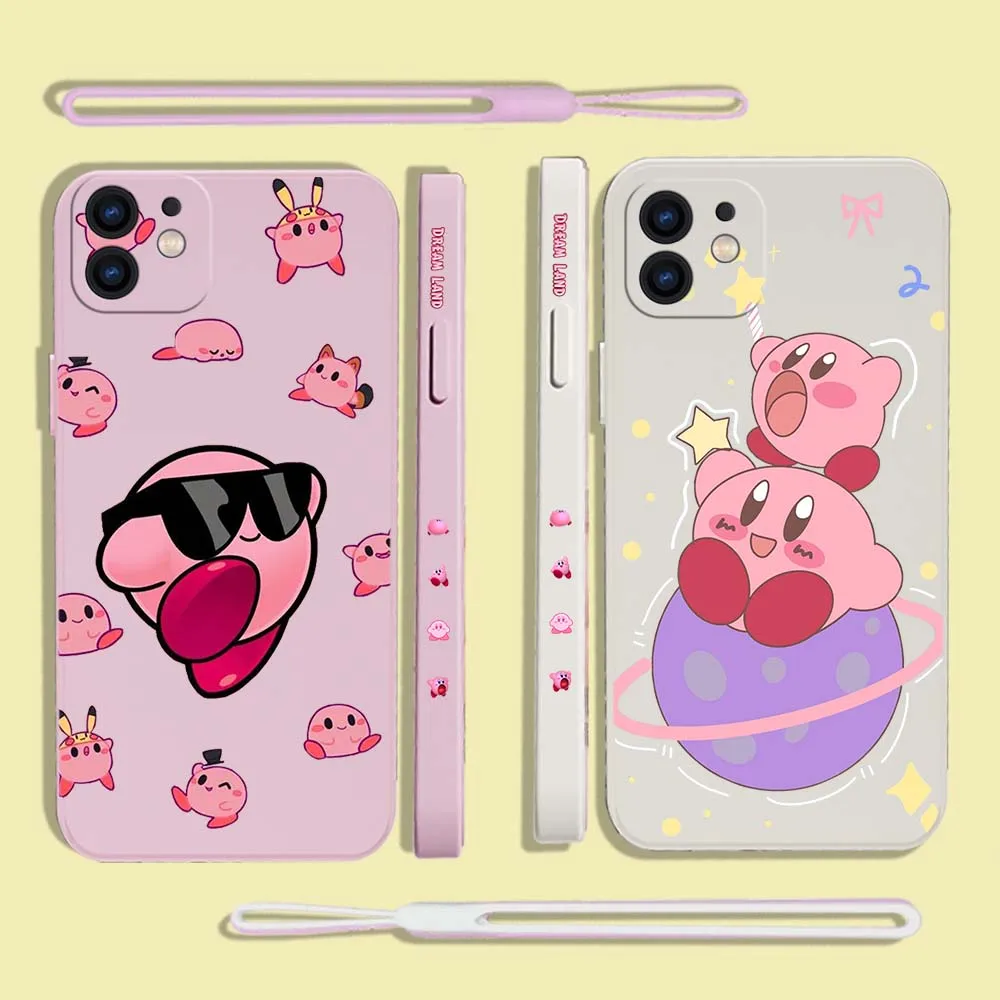 

Sanrio Kirby Phone Case For iPhone 14 13 12 11 Pro Max Mini X XR XS MAX SE20 8 7 Plus 6 6S Plus Silicone Cases with Hand Strap